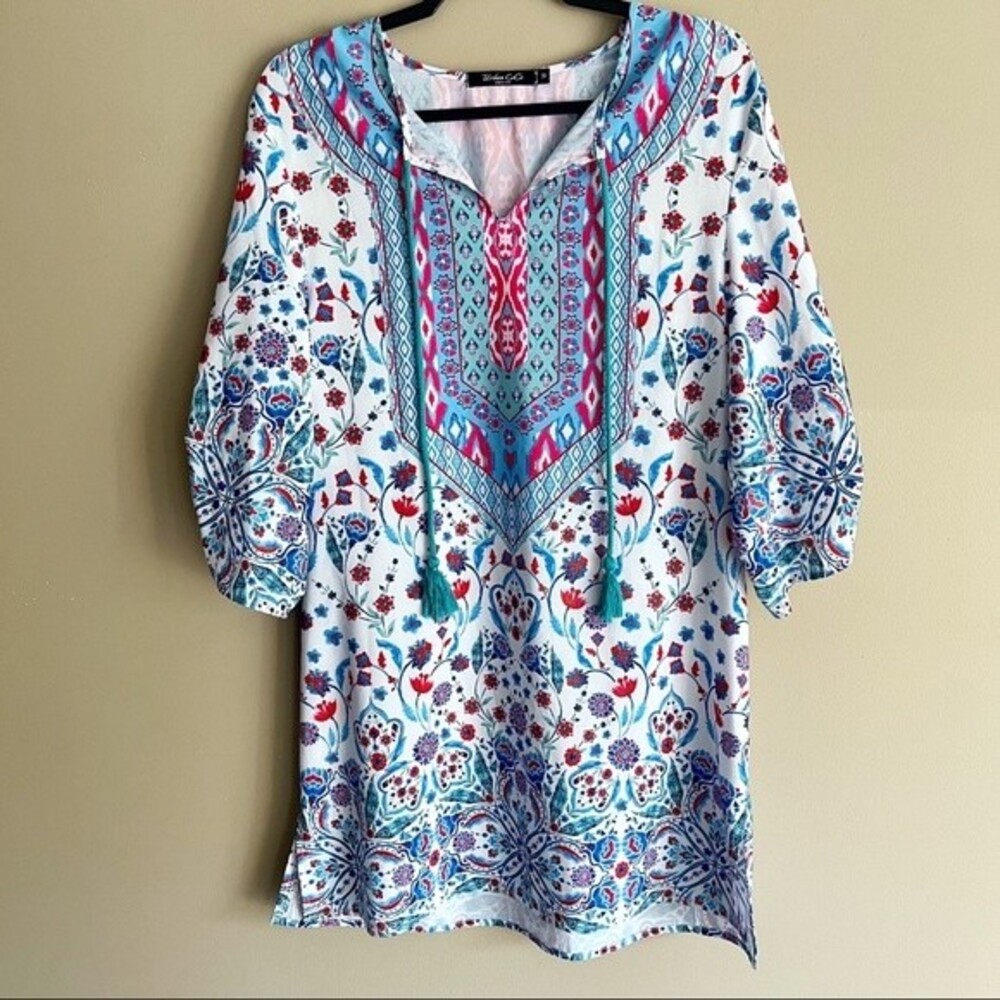 Urban CoCo Blue and White V Neck Swim Cover Up Dress Medium